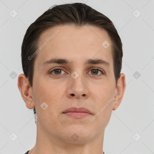 Neutral white young-adult male with short  brown hair and brown eyes