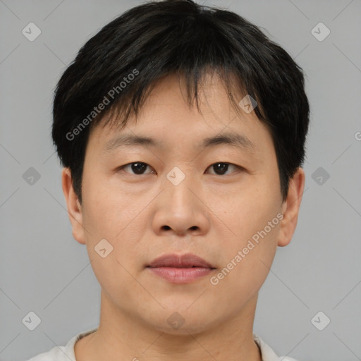 Joyful asian young-adult male with short  brown hair and brown eyes