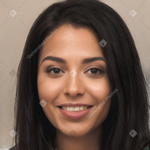 Joyful latino young-adult female with long  brown hair and brown eyes