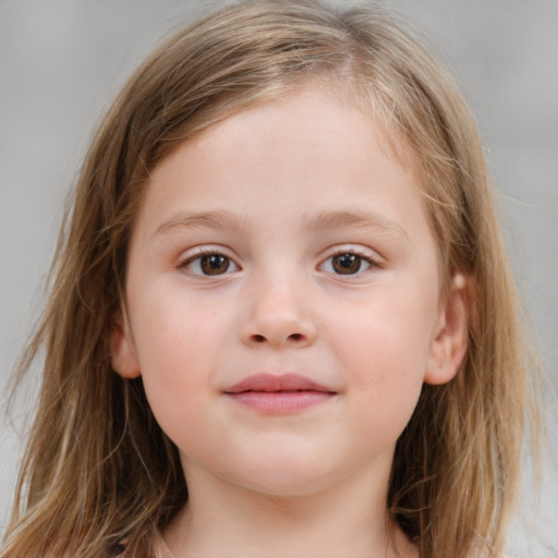 Neutral white child female with medium  brown hair and blue eyes