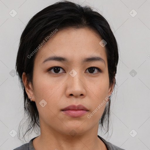 Neutral asian young-adult female with medium  black hair and brown eyes