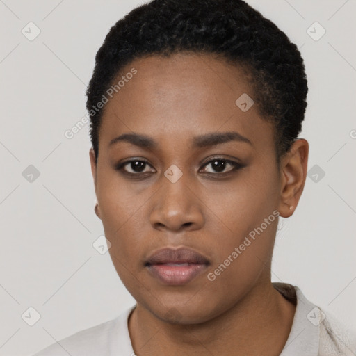 Neutral black young-adult female with short  black hair and brown eyes