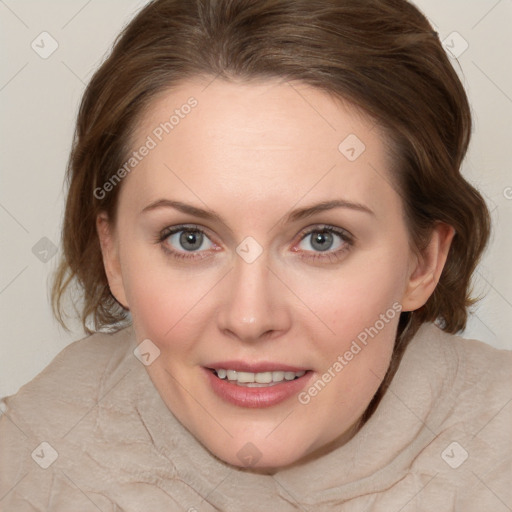 Joyful white young-adult female with medium  brown hair and green eyes