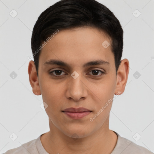 Joyful latino young-adult male with short  brown hair and brown eyes