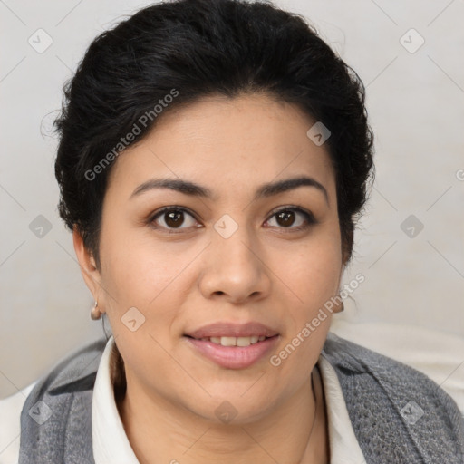 Joyful latino young-adult female with short  brown hair and brown eyes