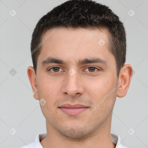 Neutral white young-adult male with short  brown hair and brown eyes