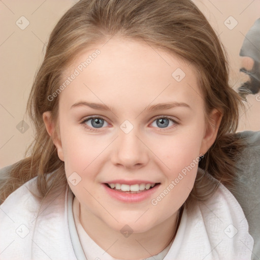 Joyful white child female with medium  brown hair and blue eyes