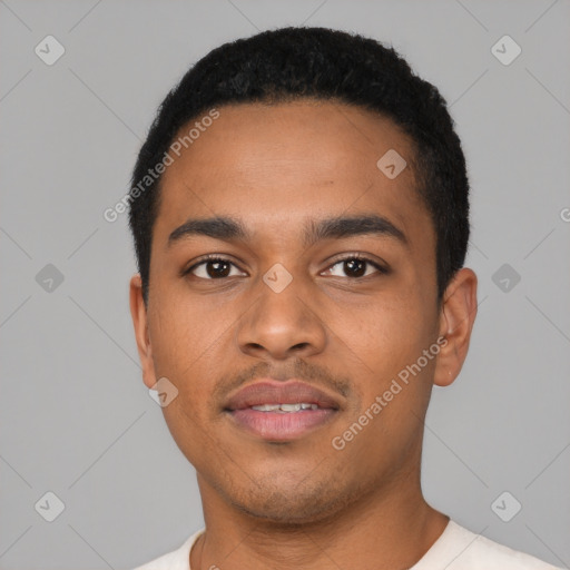 Neutral latino young-adult male with short  black hair and brown eyes