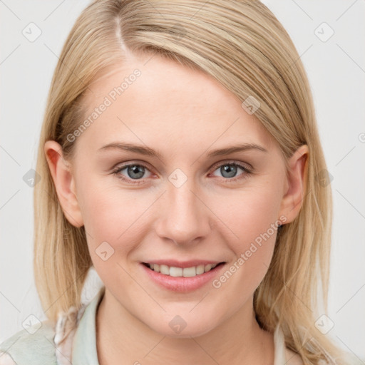 Joyful white young-adult female with medium  brown hair and blue eyes