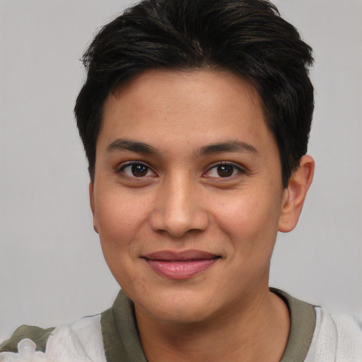 Joyful asian young-adult female with short  brown hair and brown eyes