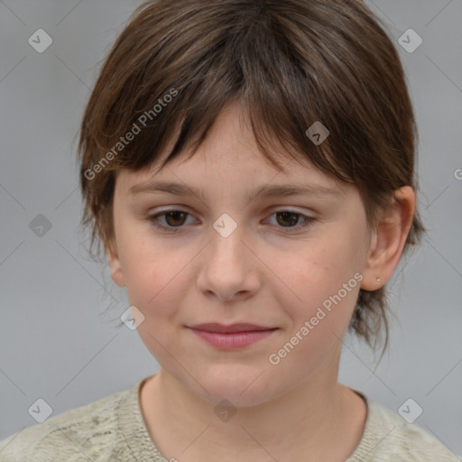 Joyful white child female with medium  brown hair and brown eyes