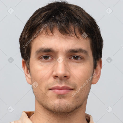 Neutral white young-adult male with short  brown hair and brown eyes