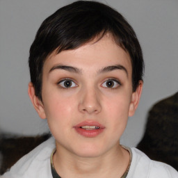 Neutral white young-adult female with short  brown hair and brown eyes