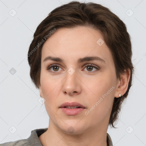 Neutral white young-adult female with medium  brown hair and brown eyes