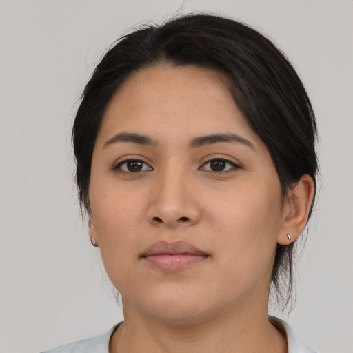 Neutral asian young-adult female with medium  black hair and brown eyes