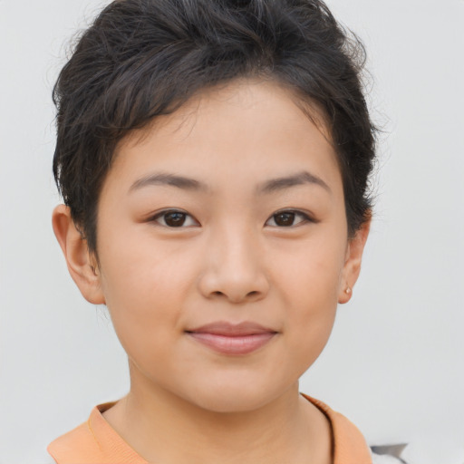 Joyful asian child female with short  brown hair and brown eyes