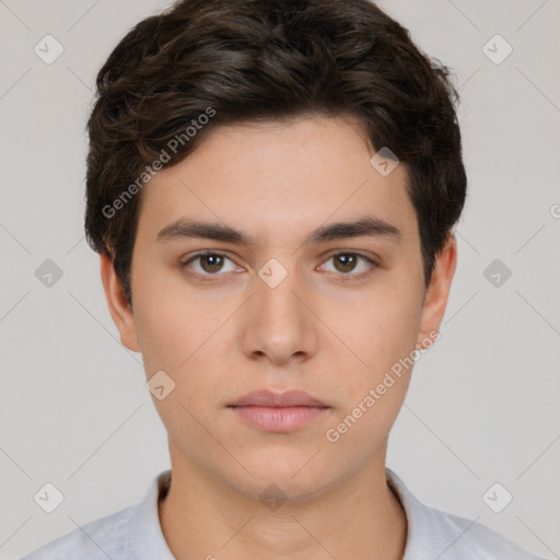 Neutral white young-adult male with short  brown hair and brown eyes