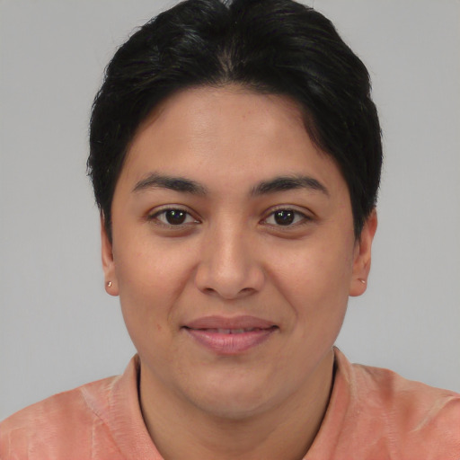 Joyful asian young-adult female with short  brown hair and brown eyes
