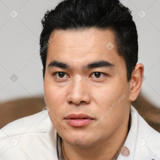 Joyful latino young-adult male with short  black hair and brown eyes