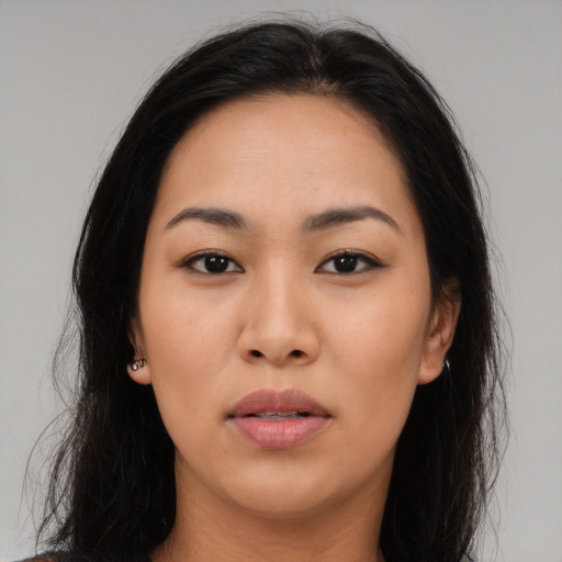 Neutral asian young-adult female with long  brown hair and brown eyes