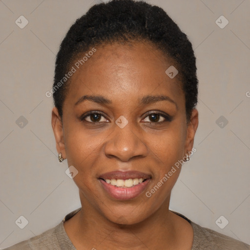 Joyful black young-adult female with short  black hair and brown eyes