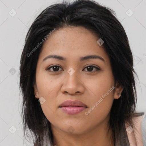 Joyful asian young-adult female with long  brown hair and brown eyes