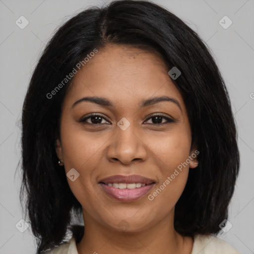 Joyful latino young-adult female with medium  black hair and brown eyes