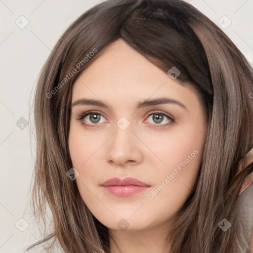 Neutral white young-adult female with long  brown hair and brown eyes