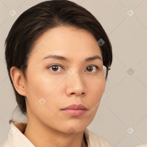 Neutral white young-adult female with medium  brown hair and brown eyes