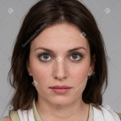 Neutral white young-adult female with medium  brown hair and brown eyes