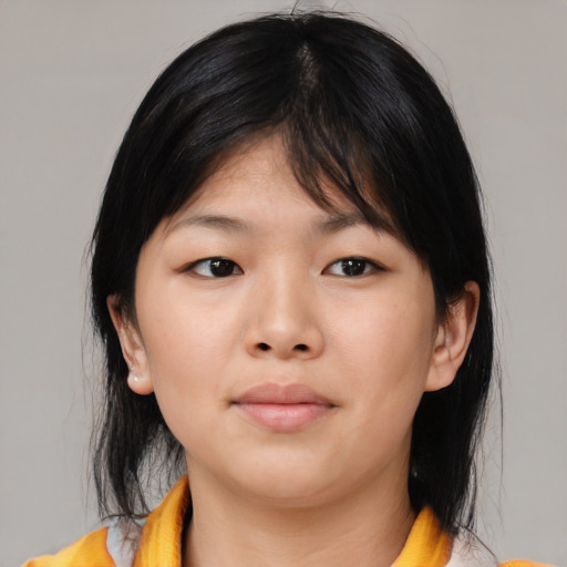 Neutral asian young-adult female with medium  black hair and brown eyes