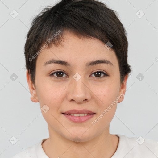 Joyful white young-adult female with short  brown hair and brown eyes