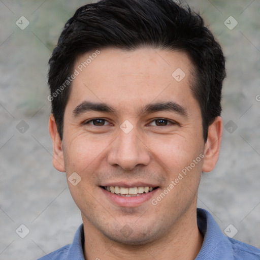 Joyful white young-adult male with short  black hair and brown eyes