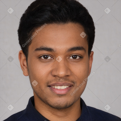 Joyful latino young-adult male with short  black hair and brown eyes