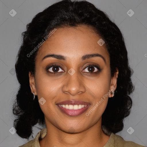 Joyful latino young-adult female with medium  black hair and brown eyes