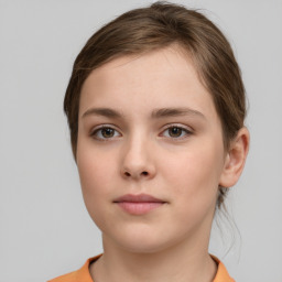 Neutral white young-adult female with short  brown hair and grey eyes