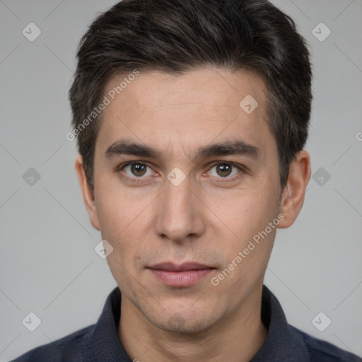 Neutral white adult male with short  brown hair and brown eyes