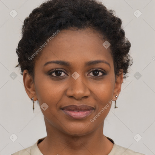 Joyful black young-adult female with short  brown hair and brown eyes