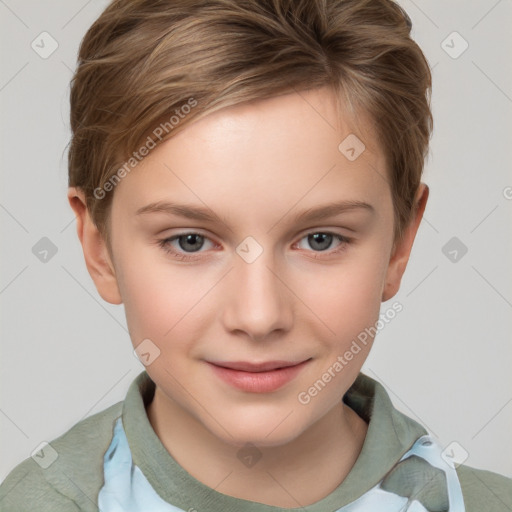 Joyful white child female with short  brown hair and grey eyes