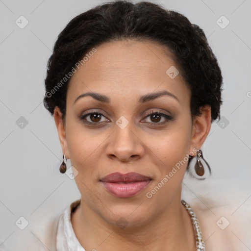 Joyful latino young-adult female with short  brown hair and brown eyes