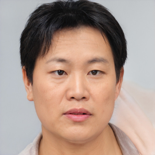 Neutral asian adult male with short  brown hair and brown eyes