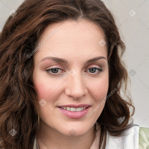 Joyful white young-adult female with medium  brown hair and green eyes