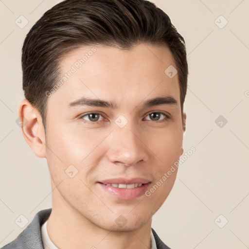 Joyful white young-adult male with short  brown hair and brown eyes