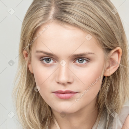 Neutral white young-adult female with long  brown hair and grey eyes