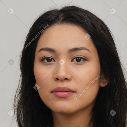 Neutral latino young-adult female with long  black hair and brown eyes