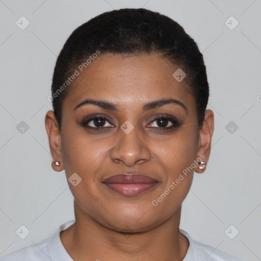 Joyful black young-adult female with short  brown hair and brown eyes