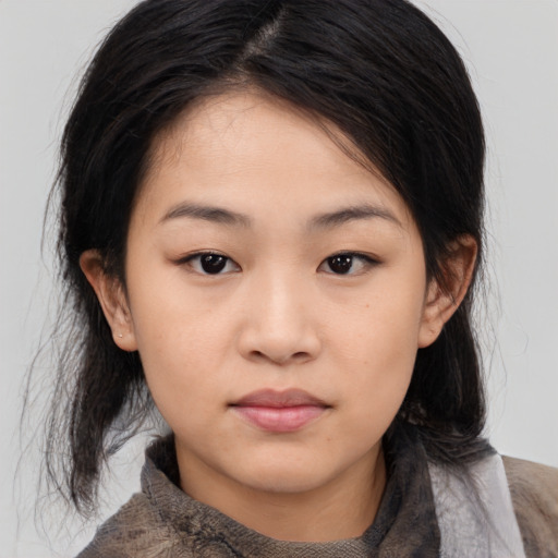 Neutral asian young-adult female with medium  black hair and brown eyes