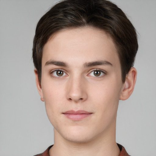 Neutral white young-adult male with short  brown hair and brown eyes