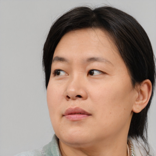Neutral asian adult female with medium  brown hair and brown eyes