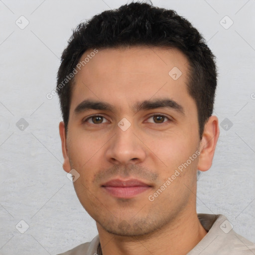 Neutral white young-adult male with short  black hair and brown eyes
